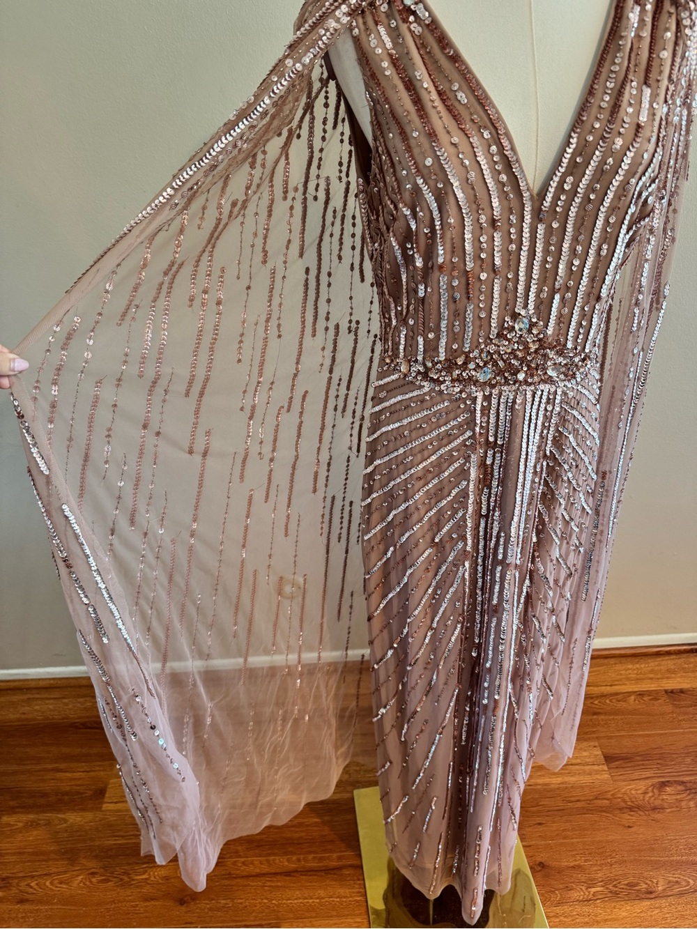 Adrianna Papell Beaded V-Neck Evening Cape Gown - Picture 11 of 14
